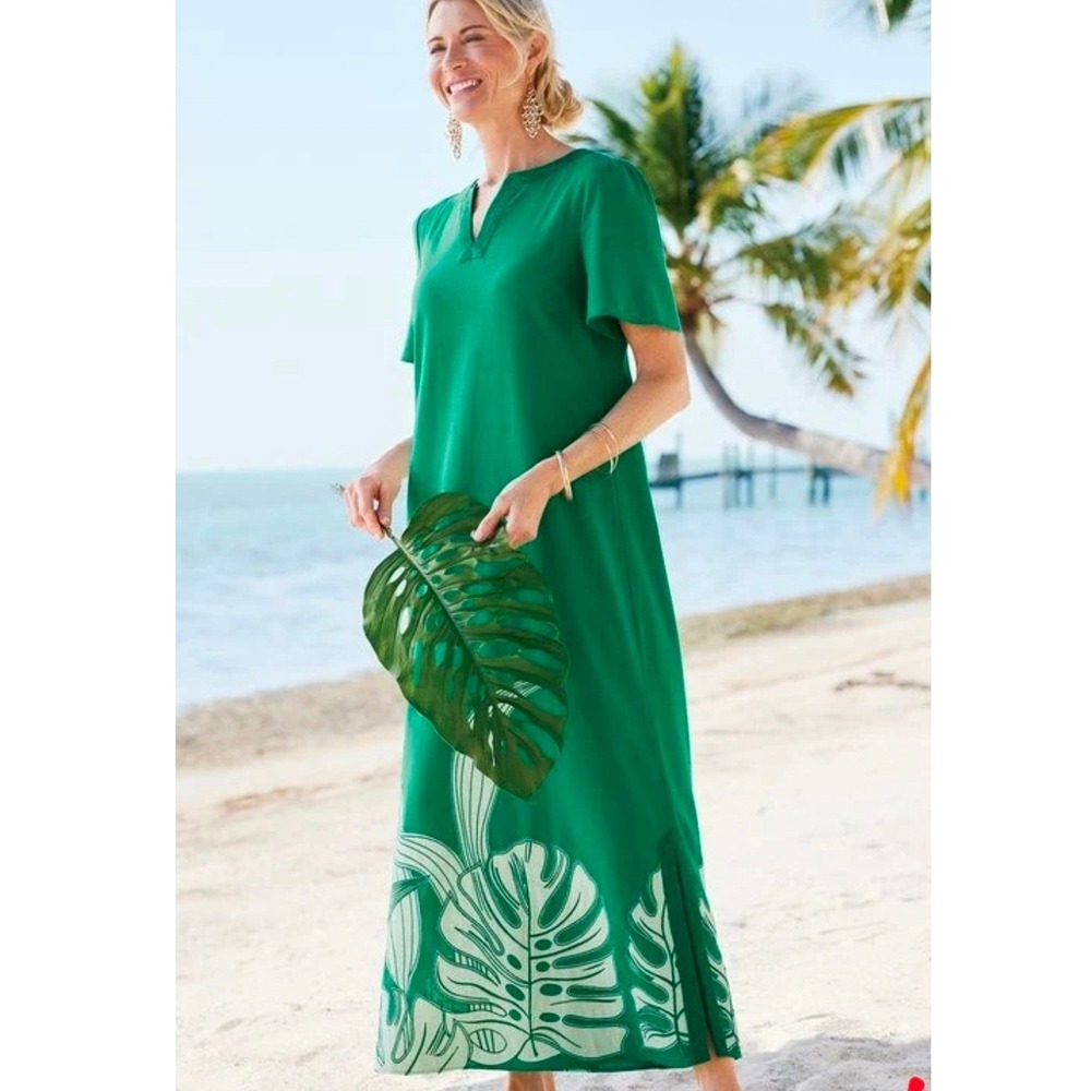 Soft Surroundings Katia Maxi Dress Green Tropical Monstera Leaf Cotton Size XL
